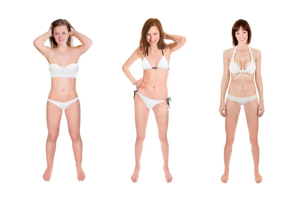 Full Body Portraits Three Beautiful Young Women Wearing White Bikinis — Stock Photo, Image