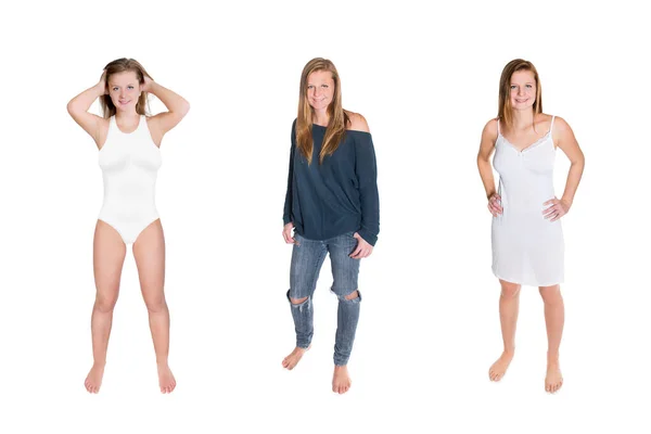 Three Full Body Portraits Beautiful Young Woman Wearing Jeans Nightshirt —  Fotos de Stock