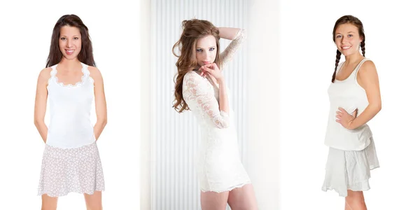 Tres Mujeres Jóvenes Atractivas Con Vestidos Blancos Faldas Delante Fondos — Foto de Stock