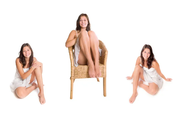 短い夏のスカートと白い上を身に着けている若い女性を笑って 白いスタジオの背景の前に隔離された3枚の写真 — ストック写真