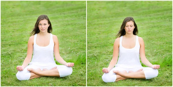 Hermosa Joven Meditando Aire Libre Ella Está Sentada Hierba Vistiendo —  Fotos de Stock