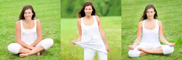 Three Outdoor Photos Beautiful Young Woman Wearing White Sportswear She — Stock Photo, Image