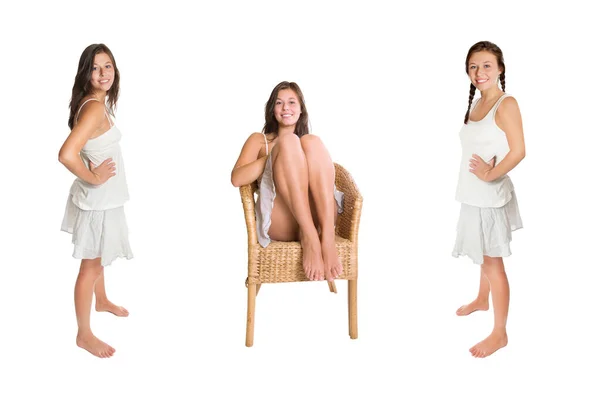 Mujer Joven Feliz Con Falda Corta Verano Top Blanco Tres — Foto de Stock