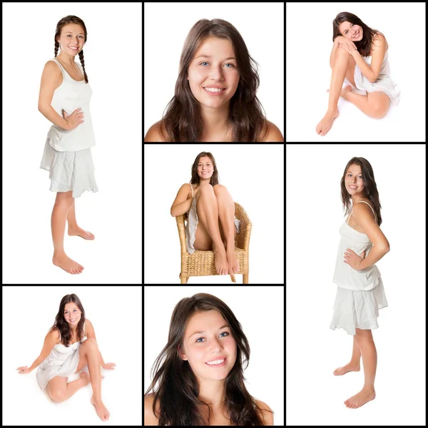 Kolaż Pięknej Młodej Kobiety Długimi Brunetkami Koncepcja Piękna Siedem Zdjęć — Zdjęcie stockowe