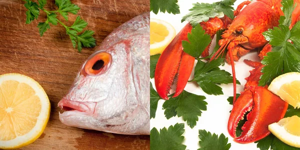 Meeresfrüchte Zwei Bilder Von Fisch Und Hummer Mit Petersilie Und — Stockfoto