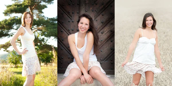 Three Beautiful Young Women Wearing Short Summer Skirt Outdoor Photos — Stock Photo, Image