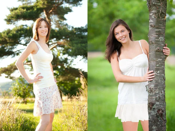 Two Beautiful Young Women Wearing Short Summer Skirt Outdoor Photos — Stock Photo, Image