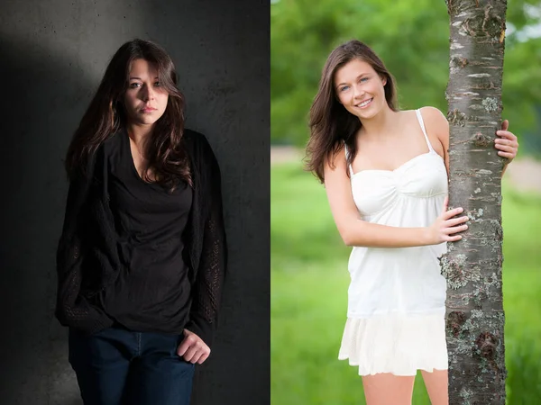 Dva Portréty Krásné Mladé Ženy Koncept Emocí Levá Fotografie Smutná — Stock fotografie