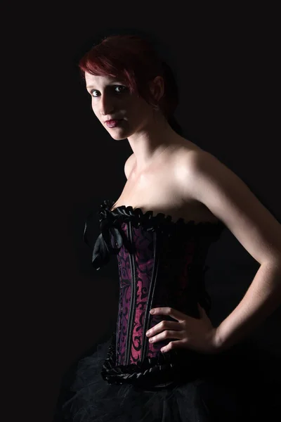 Beautiful Young Woman Wearing Black Tutu Front Dark Background — Stock Photo, Image