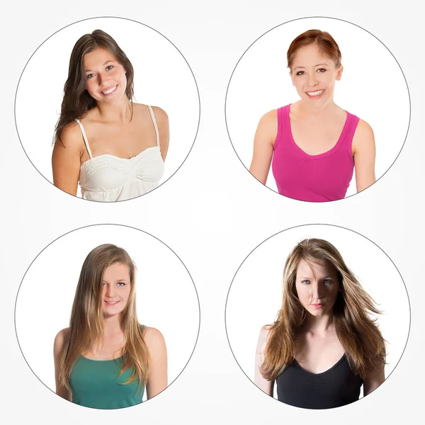 Close Portretten Van Vier Mooie Jonge Vrouwen Voor Witte Achtergrond — Stockfoto