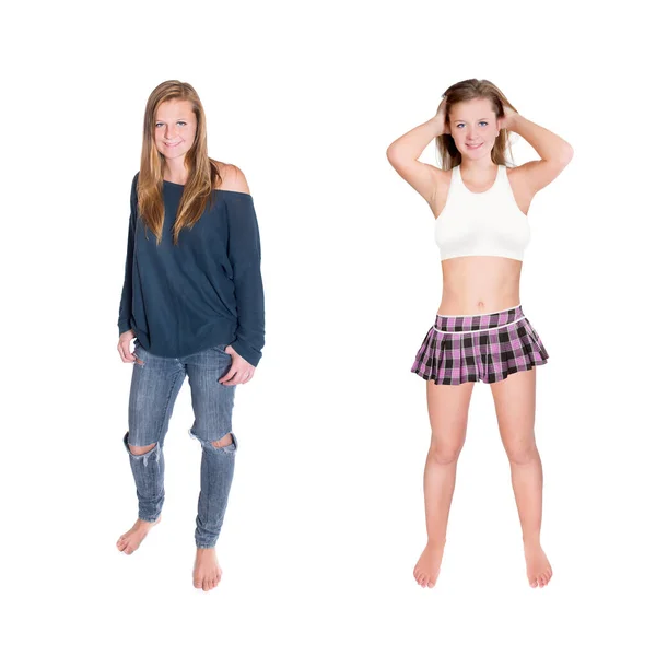 Twee Lange Portretten Van Een Vrolijke Jonge Vrouw Jeans Minirok — Stockfoto
