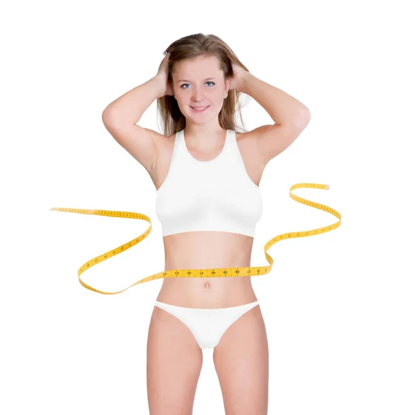 Vacker Ung Kvinna Med Ett Måttband Vit Bikini Hon Glad — Stockfoto