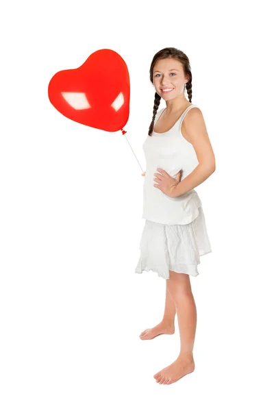 Cute Girl Ponytails Holding Red Heart Balloon Isolated White Studio — Φωτογραφία Αρχείου