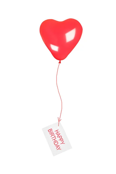 Balão Coração Vermelho Voando Com Cartão Pendurado Sob Ele Feliz — Fotografia de Stock