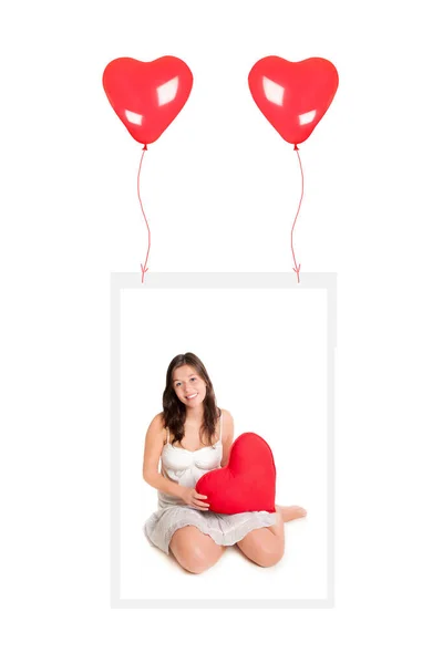 Deux Ballons Coeur Rouge Volant Portant Une Photo Une Jolie — Photo