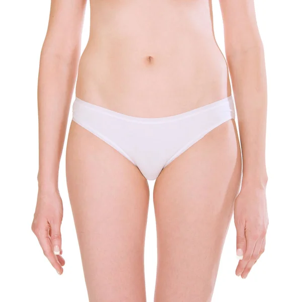 Closeup Slim Young Woman Wearing White Underwear Isolated White Studio — Stockfoto