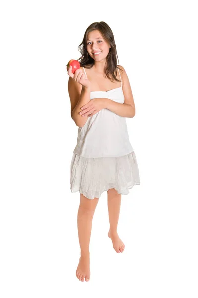 Retrato Larga Duración Una Linda Joven Sosteniendo Una Manzana Roja — Foto de Stock