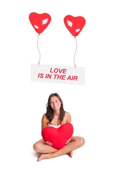 Menina Bonita Segurando Travesseiro Coração Vermelho Dois Balões Voando Acima — Fotografia de Stock
