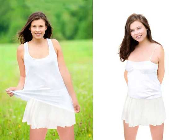 Dois Retratos Uma Menina Feliz Usando Uma Saia Verão Curta — Fotografia de Stock