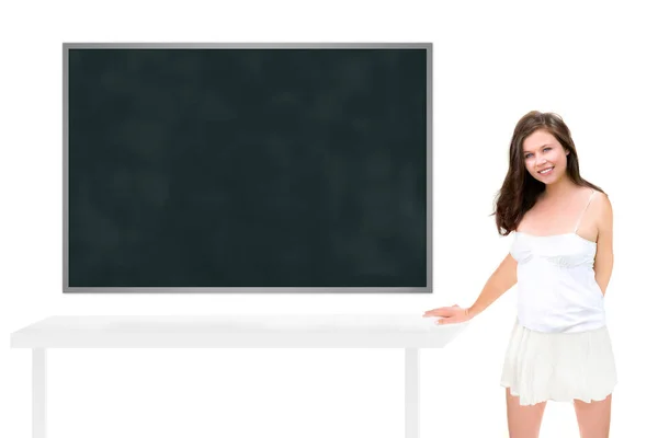 Beautiful Smiling Young Woman Front Blank Blackboard Isolated White Background — Stockfoto