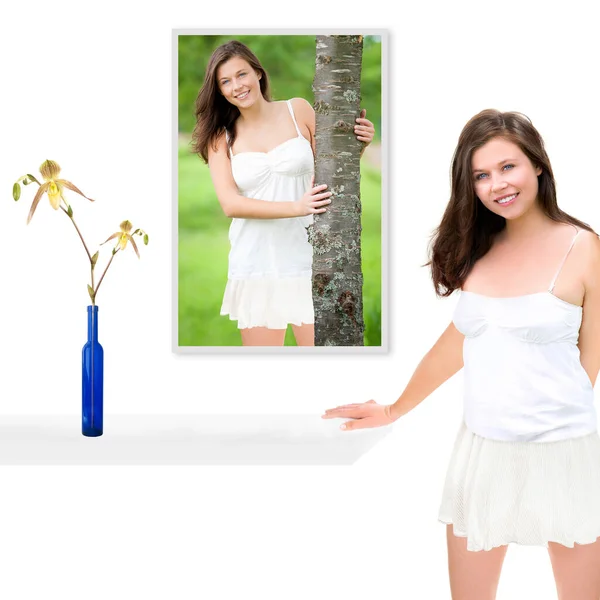 Beautiful Young Woman Wearing Short Skirt Top Orchids Blue Vase — Stock Photo, Image