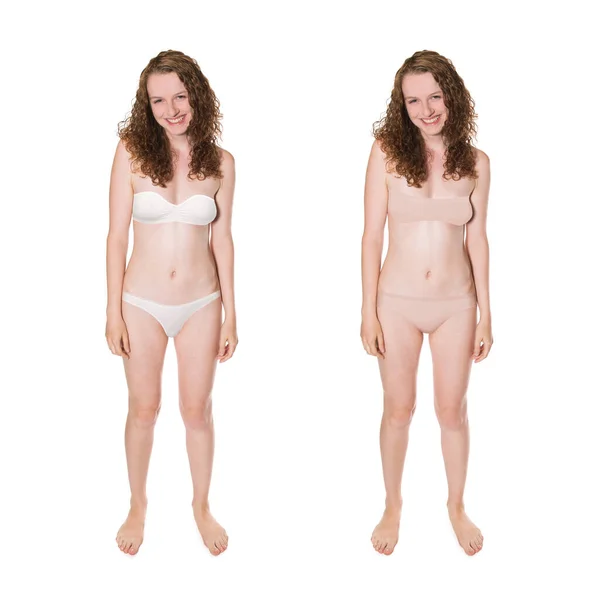 Dois Retratos Completos Uma Mulher Rindo Atraente Vestindo Sutiã Branco — Fotografia de Stock