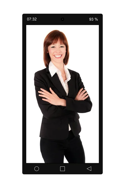 Closeup Black Cellphone Portrait Photo Laughing Young Businesswoman Isolated White — Stock Photo, Image