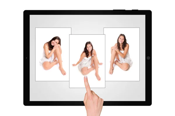 Beautiful Young Woman Choosing Portrait Photo Gallery Touchscreen Tablet Computer — Stock Photo, Image