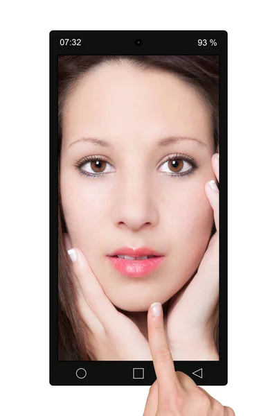 Fechar Celular Preto Com Retrato Beleza Foto Uma Bela Jovem — Fotografia de Stock