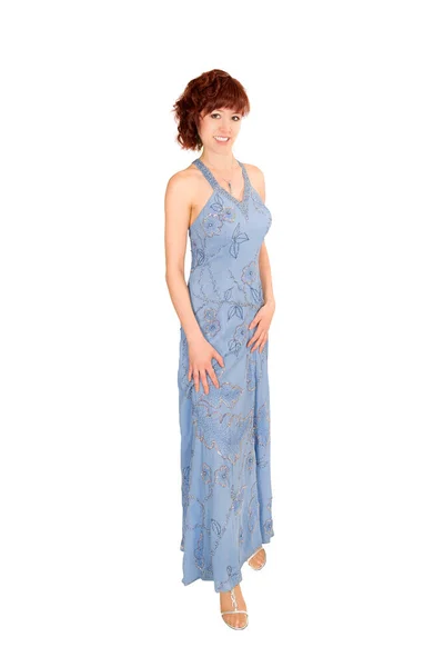 Full Length Fashion Portrait Beautiful Young Woman Wearing Elegant Blue — Stock Photo, Image