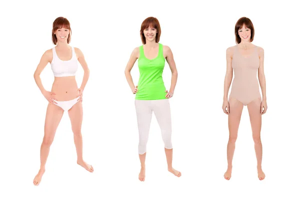 Beautiful Young Woman Wearing Different Sportswear Swimwear Three Full Length — Stock Photo, Image