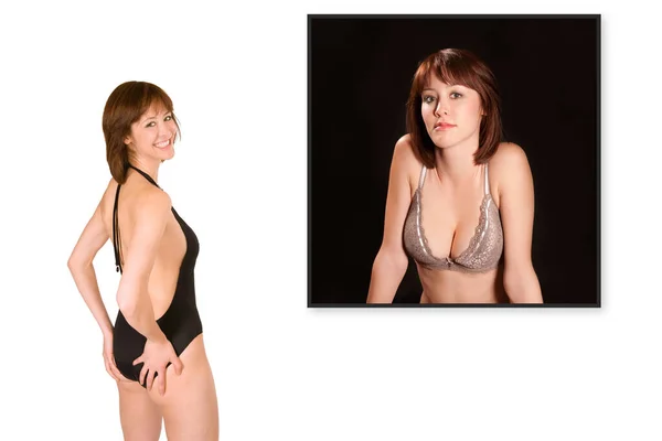 Rückansicht Einer Schönen Jungen Frau Schwarzen Badeanzug Vor Einem Dessous — Stockfoto