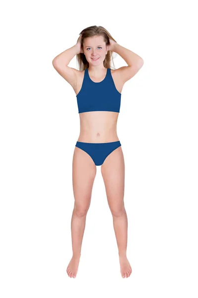 Teljes Hosszúságú Portré Egy Vékony Fiatal Nőről Kék Bikiniben Elszigetelve — Stock Fotó