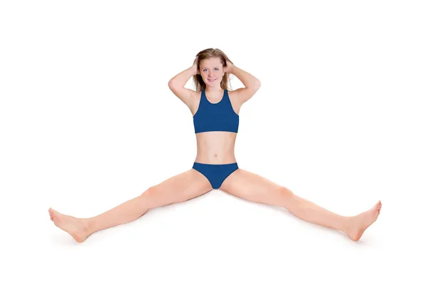 Vrolijke Jonge Vrouw Met Een Blauwe Bikini Geïsoleerd Voor Een — Stockfoto