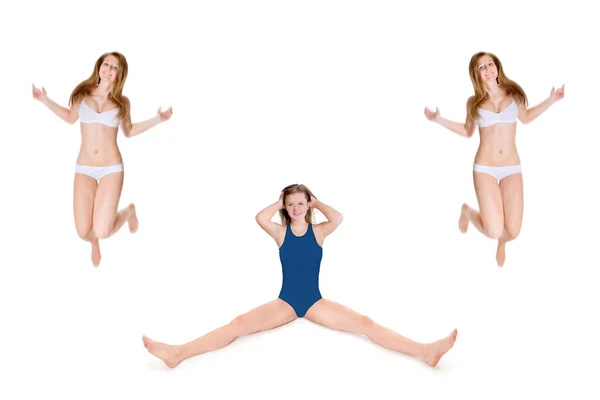青の水着を着た笑顔の若い女性は 同じモデルが背景に飛び込み 白い前に隔離されています — ストック写真