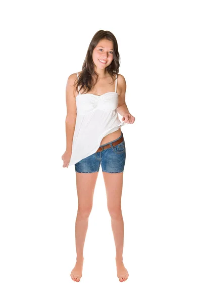 Ganzkörperporträt Einer Glücklichen Jungen Frau Die Kurze Blaue Jeans Trägt — Stockfoto