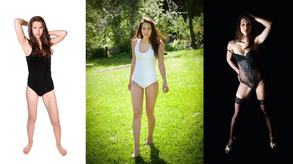 Three Full Length Portraits Gorgeous Young Woman Wearing Swimsuits Lingerie — Stok fotoğraf