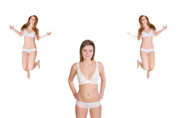 Smiling Young Woman Wearing White Underwear Same Model Jumping Background — 스톡 사진