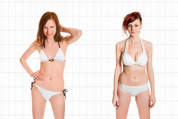 Closeup Portraits Two Beautiful Young Women Wearing Bikinis Front White — Stock Photo, Image