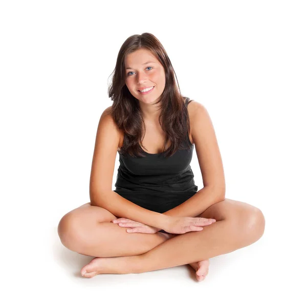 Happy Young Woman Wearing Black Sportswear She Sitting Front White — Stock Photo, Image
