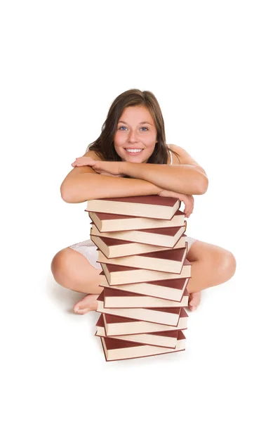 Cheerful Barefoot Girl Sitting Huge Pile Books Model Eighteen Years — Stock Photo, Image