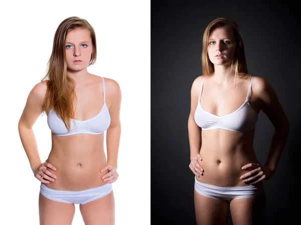 Two Portraits Attractive Blonde Woman Wearing Casual White Underwear Front — Stock Photo, Image