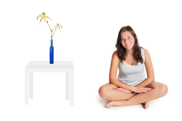 Happy Young Woman Sitting Table Beautiful Flower Blue Vase Isolated — Stock Photo, Image