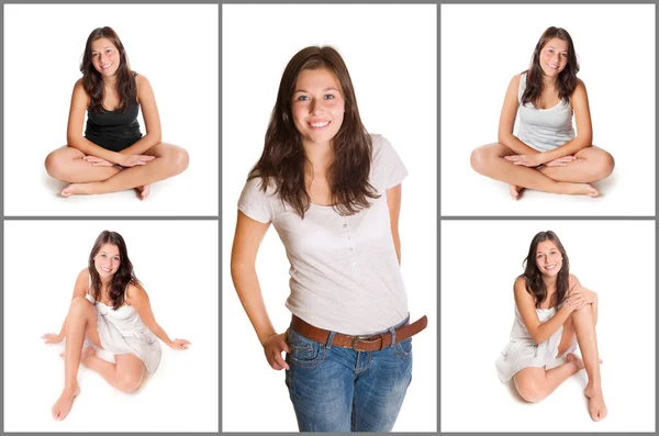 Collage Beautiful Young Woman Long Brunette Hair Beauty Concept Five — Stock Photo, Image