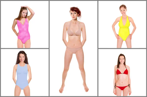 Collage Cinq Belles Jeunes Femmes Portant Des Maillots Bain Colorés — Photo