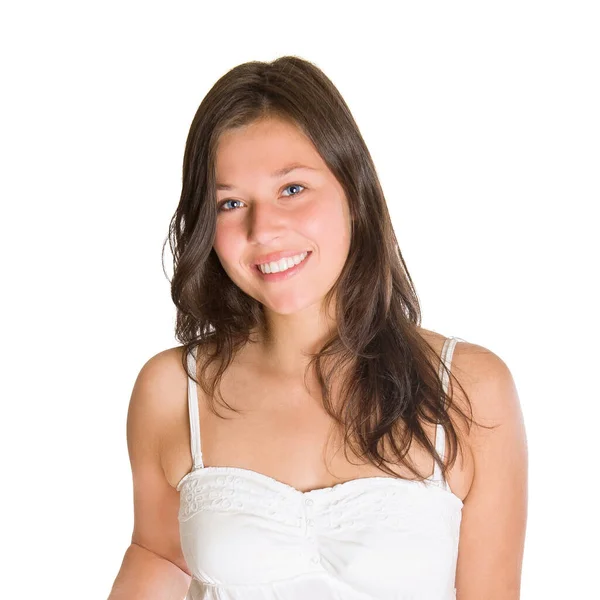 Zbliżenie Portret Szczęśliwej Młodej Kobiety Letniej Bluzce Odizolowanej Białym Tle — Zdjęcie stockowe