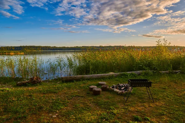 Sunset Lake Camping Fireplace — Stock Photo, Image