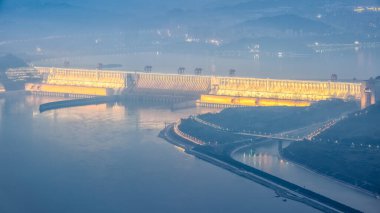 night scene of three gorges dam closeup,  the world's largest hydroelectric project in yichang city, hubei province, China clipart