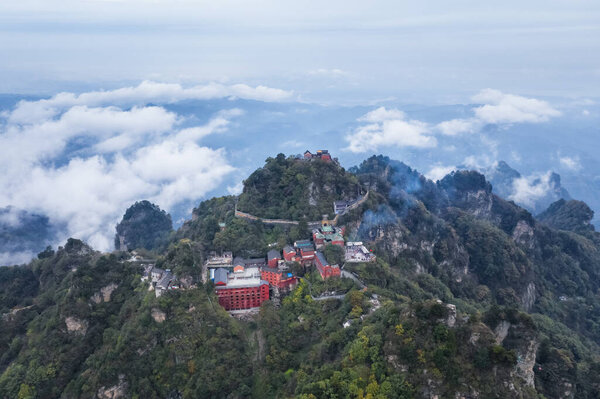 aerial view of wudang mountain landscape, the golden palace on highest peak, taoist holy land, world cultural heritage, hubei province, China