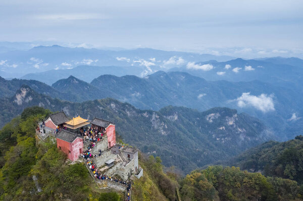 aerial view of the golden palace on wudang mountain highest peak, taoist holy land, world cultural heritage, hubei province, China